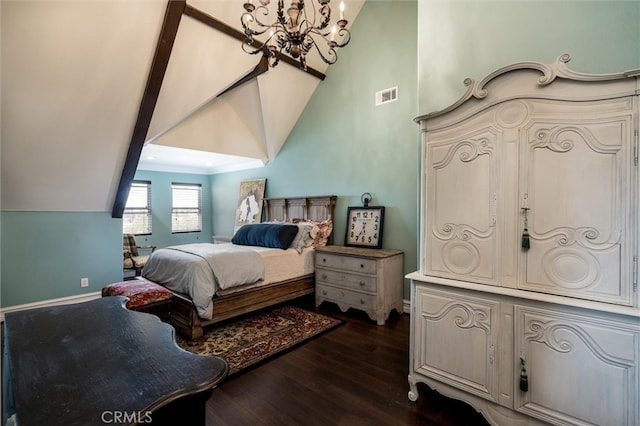 bedroom featuring a notable chandelier, dark wood-type flooring, and high vaulted ceiling