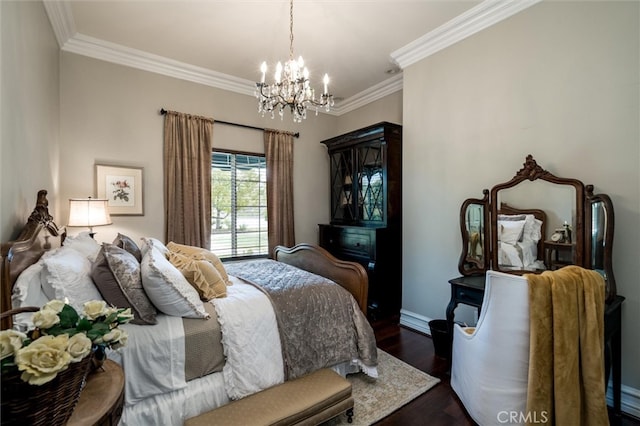 bedroom featuring a notable chandelier, crown molding, and dark hardwood / wood-style flooring