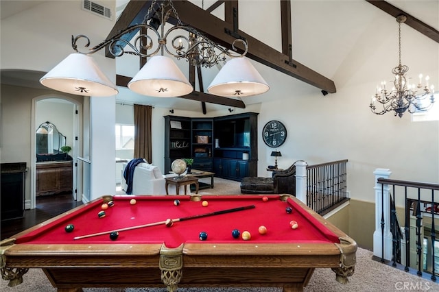 rec room with billiards, high vaulted ceiling, a chandelier, and carpet flooring