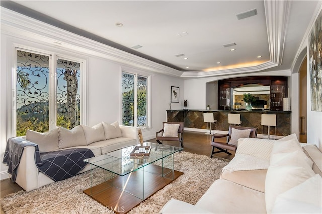 living room featuring a tray ceiling, plenty of natural light, and ornamental molding