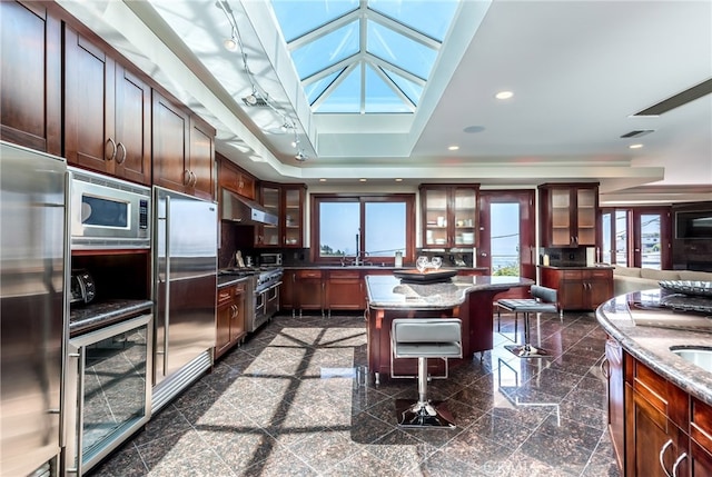 kitchen featuring light stone counters, a skylight, high end appliances, and a kitchen island