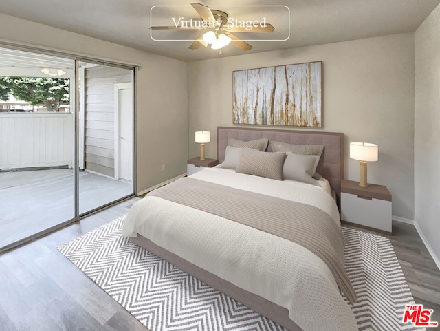 bedroom with wood-type flooring, a closet, and ceiling fan