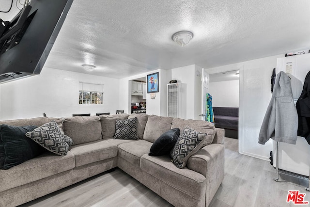 living room featuring light wood-type flooring and a textured ceiling