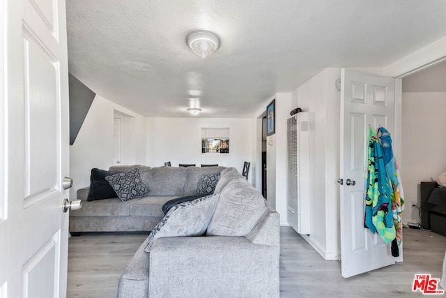 living room featuring light wood-type flooring and a textured ceiling