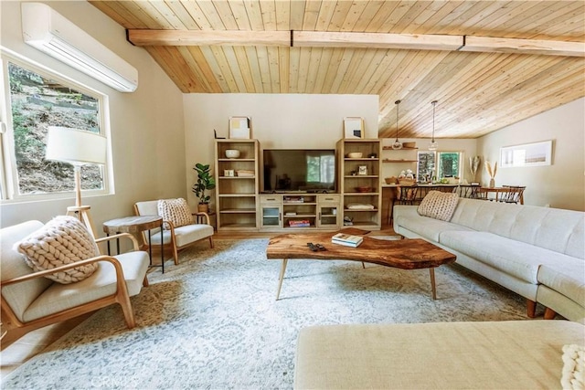 living room with vaulted ceiling with beams, wood ceiling, and a healthy amount of sunlight