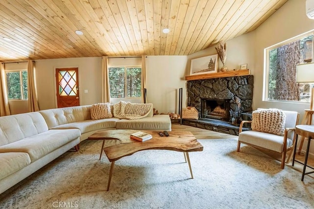 living room with wood ceiling and a fireplace