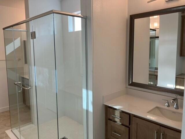 bathroom featuring vanity and a shower with shower door