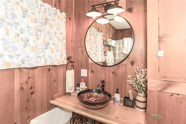 bathroom with sink and wood walls