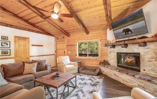 living room featuring wood ceiling, a fireplace, hardwood / wood-style floors, and ceiling fan