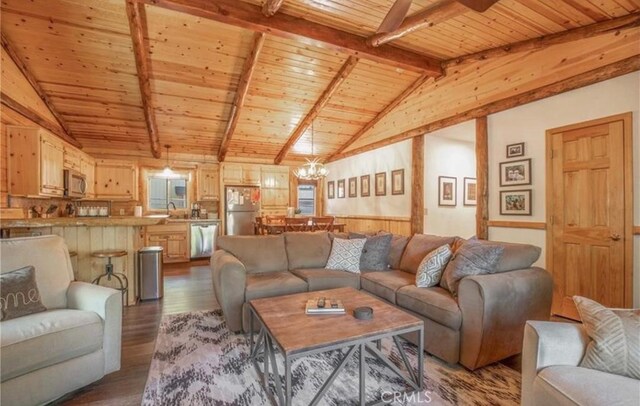 living room with wood walls, wooden ceiling, wood-type flooring, vaulted ceiling with beams, and a notable chandelier