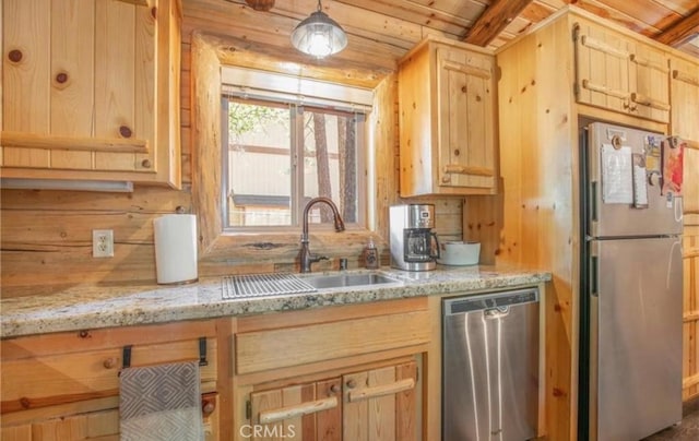 kitchen with wood ceiling, stainless steel appliances, light brown cabinets, and pendant lighting