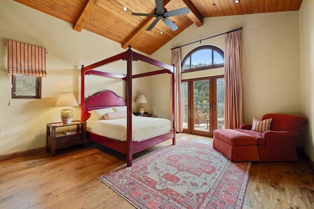 bedroom with light hardwood / wood-style flooring, access to exterior, ceiling fan, wooden ceiling, and french doors