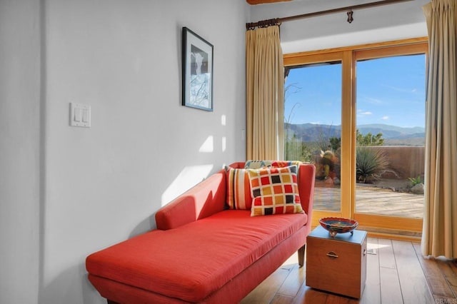 sitting room featuring a mountain view and light wood-type flooring