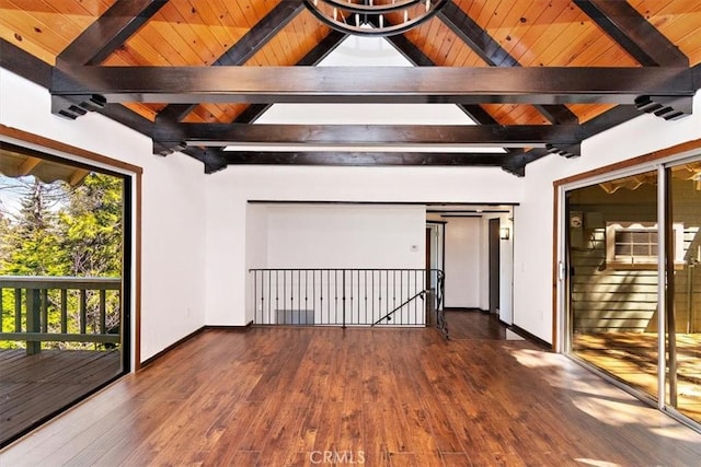 empty room with dark wood-type flooring, wood ceiling, and vaulted ceiling with beams