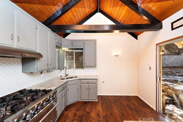 kitchen featuring gray cabinets, sink, dark hardwood / wood-style flooring, stainless steel stove, and lofted ceiling with beams