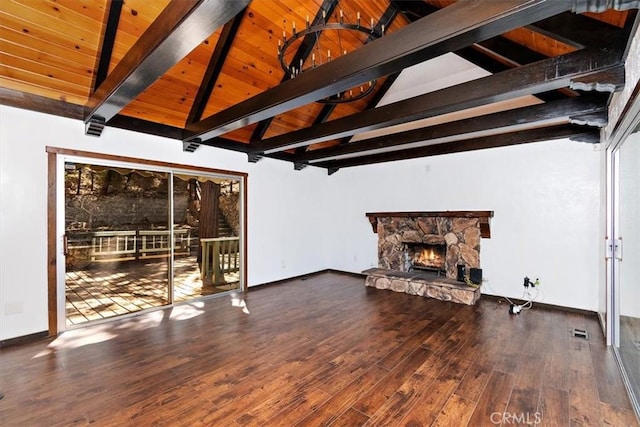 unfurnished living room with wooden ceiling, vaulted ceiling with beams, hardwood / wood-style floors, and a fireplace