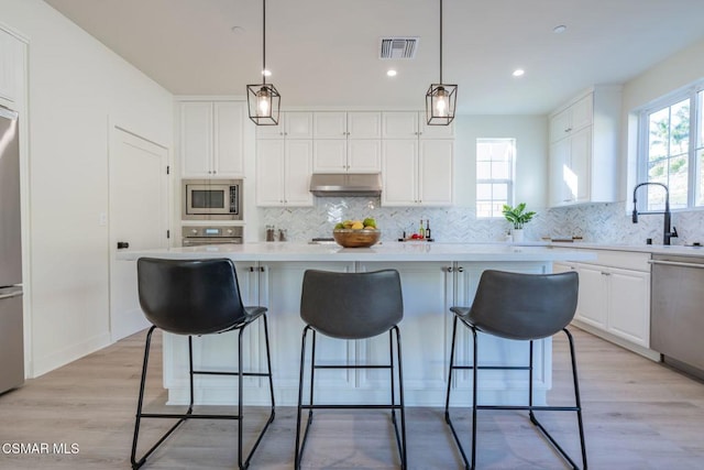 kitchen with white cabinetry, a wealth of natural light, light hardwood / wood-style floors, and appliances with stainless steel finishes