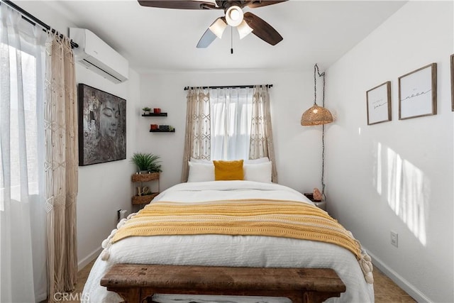 tiled bedroom with a wall mounted AC and ceiling fan