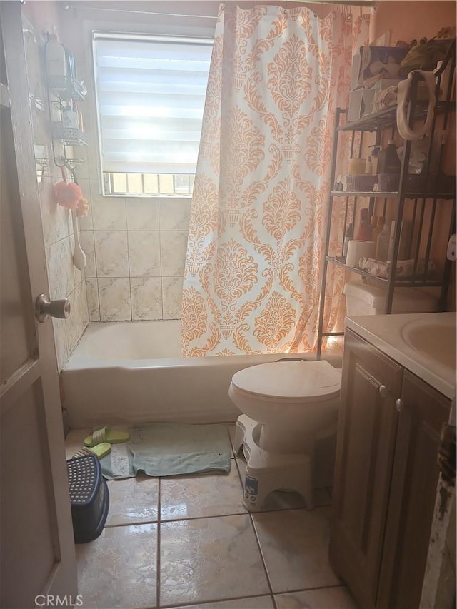 full bathroom with toilet, tile patterned flooring, shower / bathtub combination with curtain, and vanity