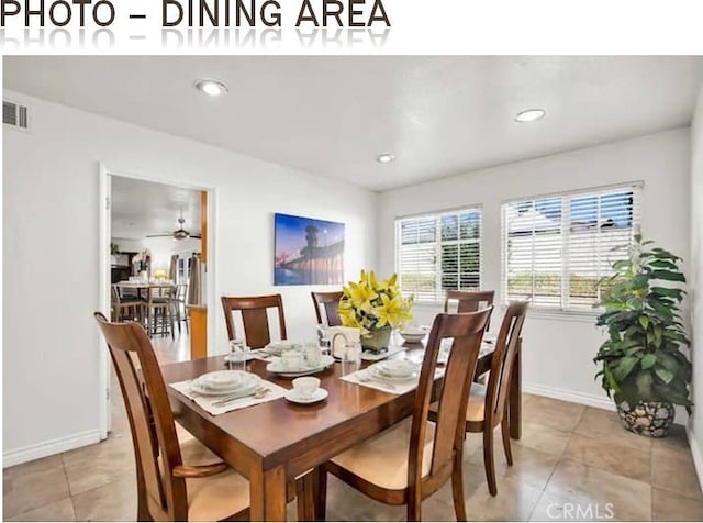 dining room with recessed lighting, light tile patterned flooring, visible vents, and baseboards