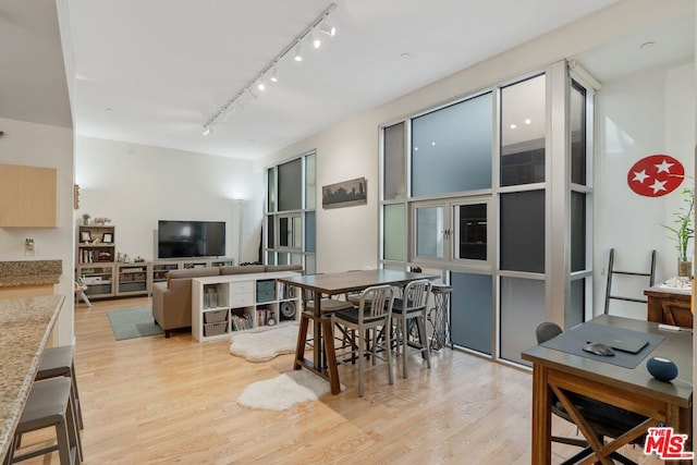 dining area with light hardwood / wood-style flooring and track lighting