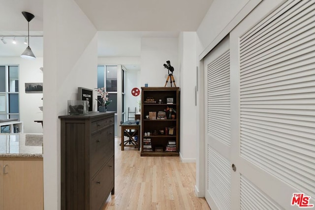 hall featuring light hardwood / wood-style floors and rail lighting