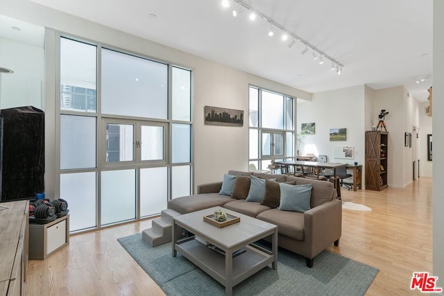 living room featuring track lighting and light hardwood / wood-style floors