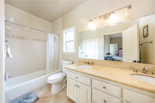 full bathroom featuring vanity, tile patterned floors, toilet, and shower / bathtub combination with curtain