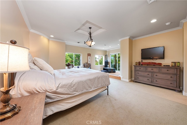 bedroom featuring crown molding and light carpet