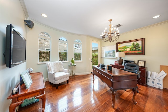 home office with a chandelier, crown molding, and wood-type flooring