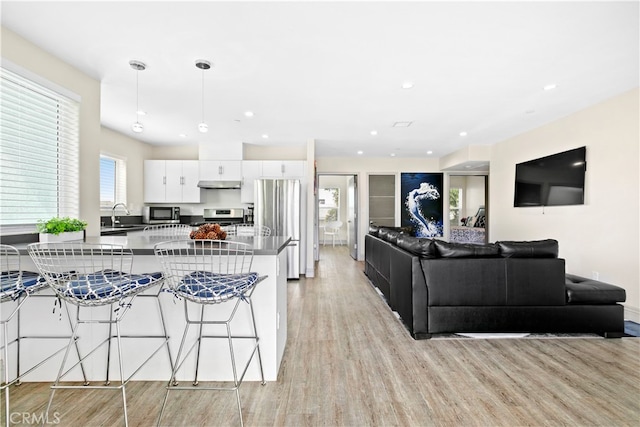 kitchen with appliances with stainless steel finishes, white cabinets, light hardwood / wood-style flooring, decorative light fixtures, and sink