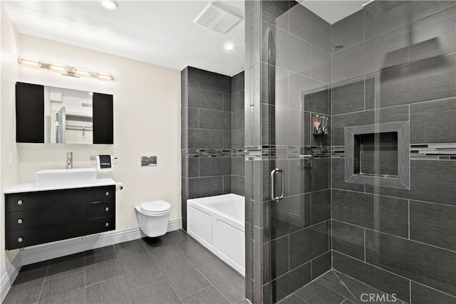 bathroom featuring walk in shower, vanity, and toilet