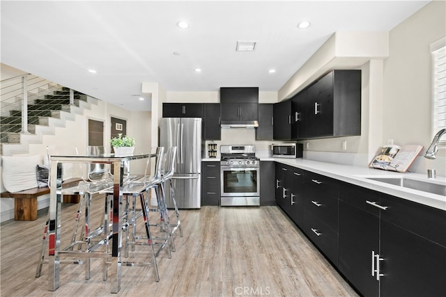 kitchen with light wood-type flooring, sink, and stainless steel appliances