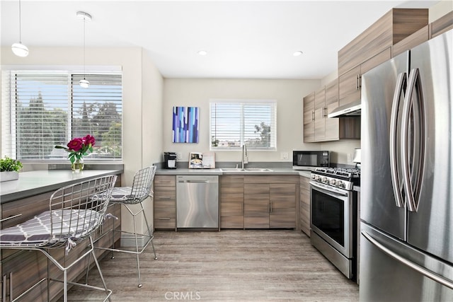 kitchen featuring stainless steel appliances, decorative light fixtures, light wood-type flooring, and sink