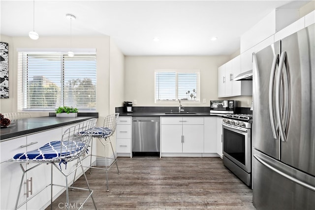 kitchen featuring sink, white cabinetry, stainless steel appliances, range hood, and dark hardwood / wood-style flooring