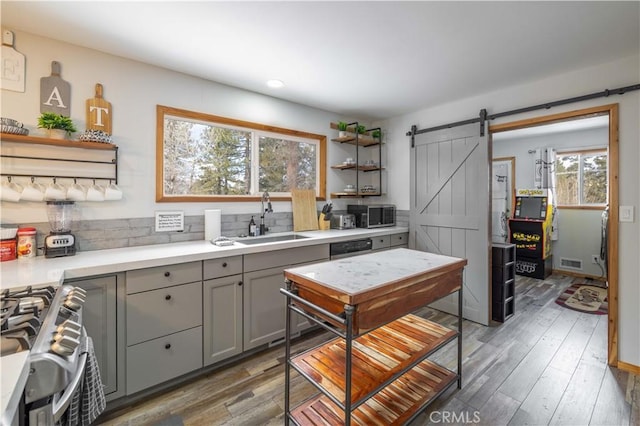 kitchen with gray cabinetry, sink, stainless steel appliances, dark wood-type flooring, and a barn door