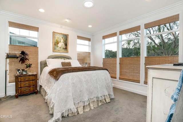 carpeted bedroom with crown molding