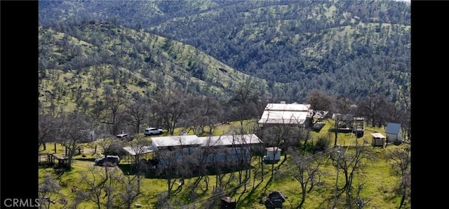 drone / aerial view featuring a mountain view