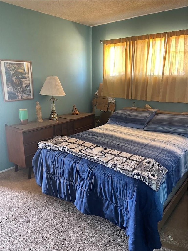 carpeted bedroom with a textured ceiling