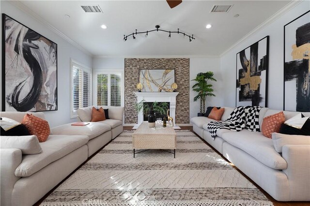 living room with ornamental molding and track lighting