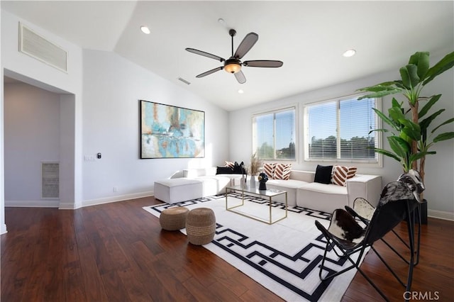 living room with lofted ceiling, ceiling fan, and dark hardwood / wood-style floors