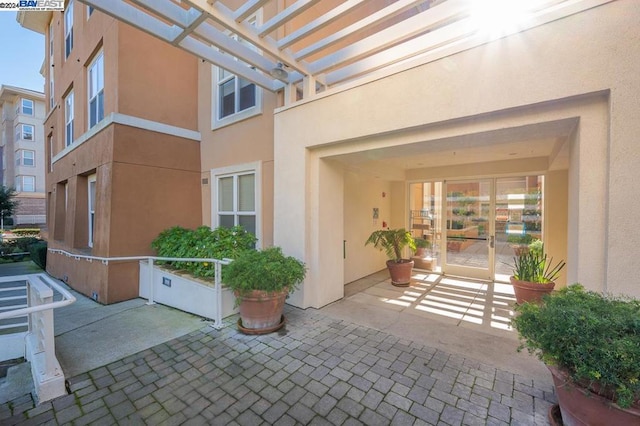 doorway to property featuring a patio and a pergola