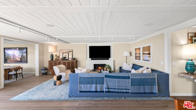 living room with rail lighting, hardwood / wood-style flooring, and wood ceiling