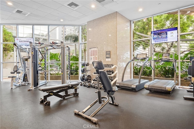 gym featuring a wall of windows, a drop ceiling, and a healthy amount of sunlight