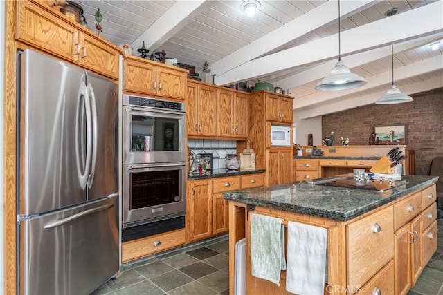 kitchen with appliances with stainless steel finishes, dark stone counters, vaulted ceiling with beams, decorative backsplash, and hanging light fixtures