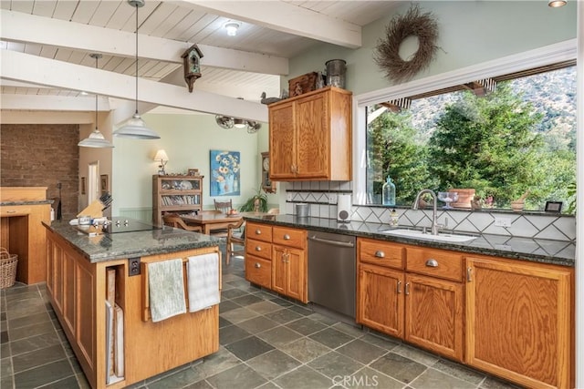 kitchen with backsplash, a kitchen island, stainless steel dishwasher, beam ceiling, and hanging light fixtures