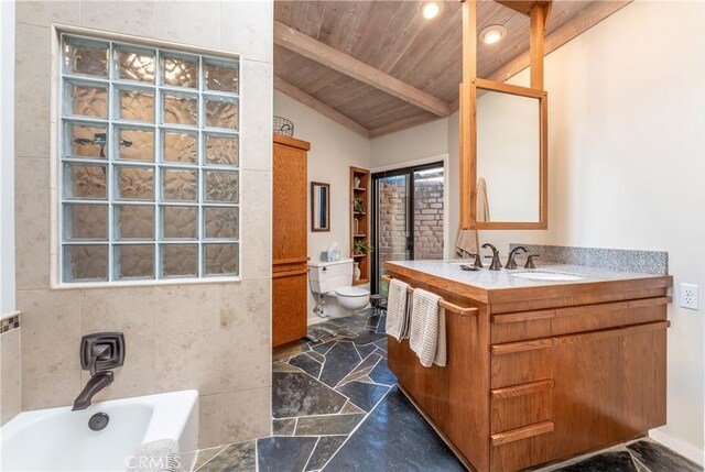 full bathroom featuring vanity, shower / washtub combination, toilet, lofted ceiling with beams, and wooden ceiling