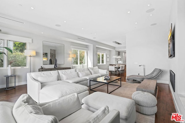 living room featuring a notable chandelier, plenty of natural light, and dark hardwood / wood-style flooring