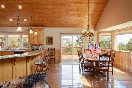 dining room with light hardwood / wood-style floors, an inviting chandelier, lofted ceiling, and wood ceiling