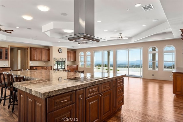 kitchen featuring ceiling fan, island range hood, a large island, hardwood / wood-style flooring, and a breakfast bar